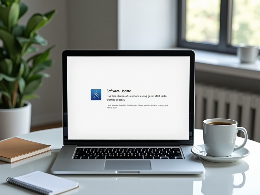 Laptop on table displaying a software update prompt, beside a coffee cup and notepad, with a plant by the window.