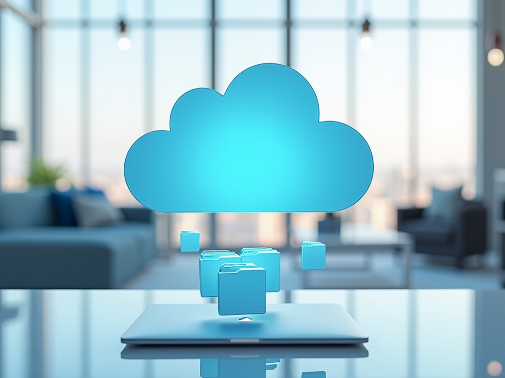 Blue cloud icon and file folders hovering over a laptop in a modern office with cityscape background.