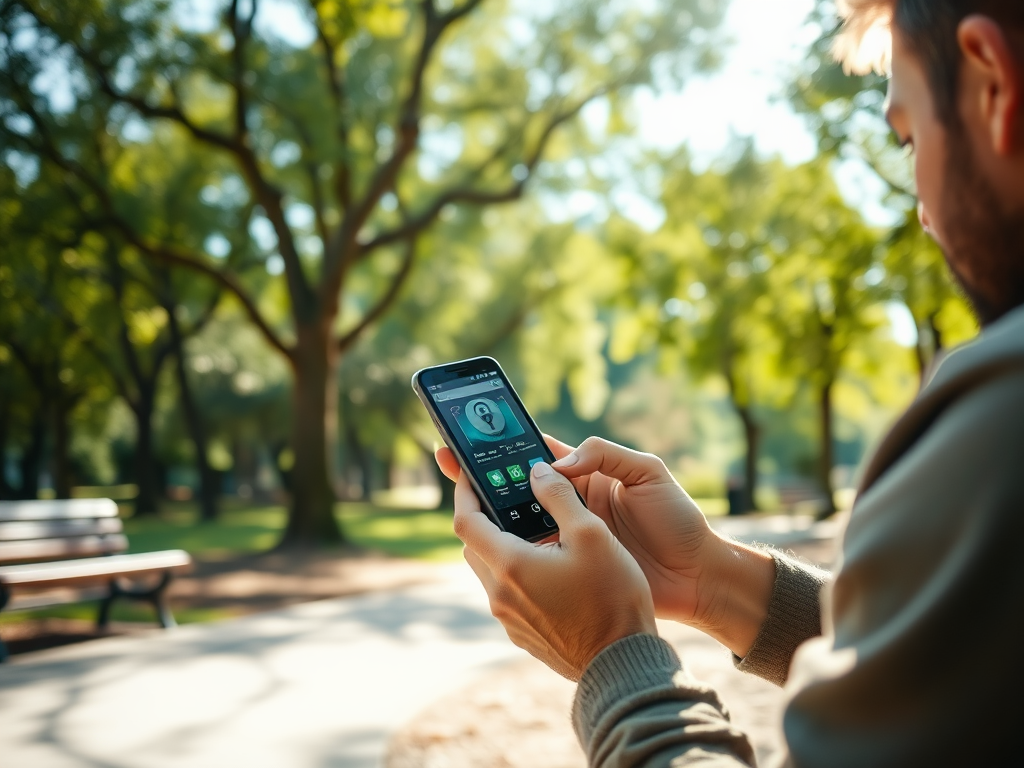 A person using a smartphone in a sunny park, surrounded by trees and benches.