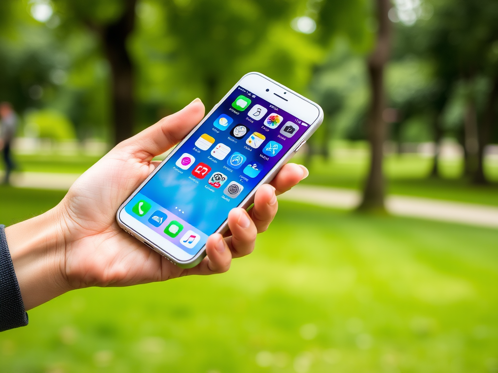 A hand holding a smartphone displaying various app icons, set against a blurred green park background.