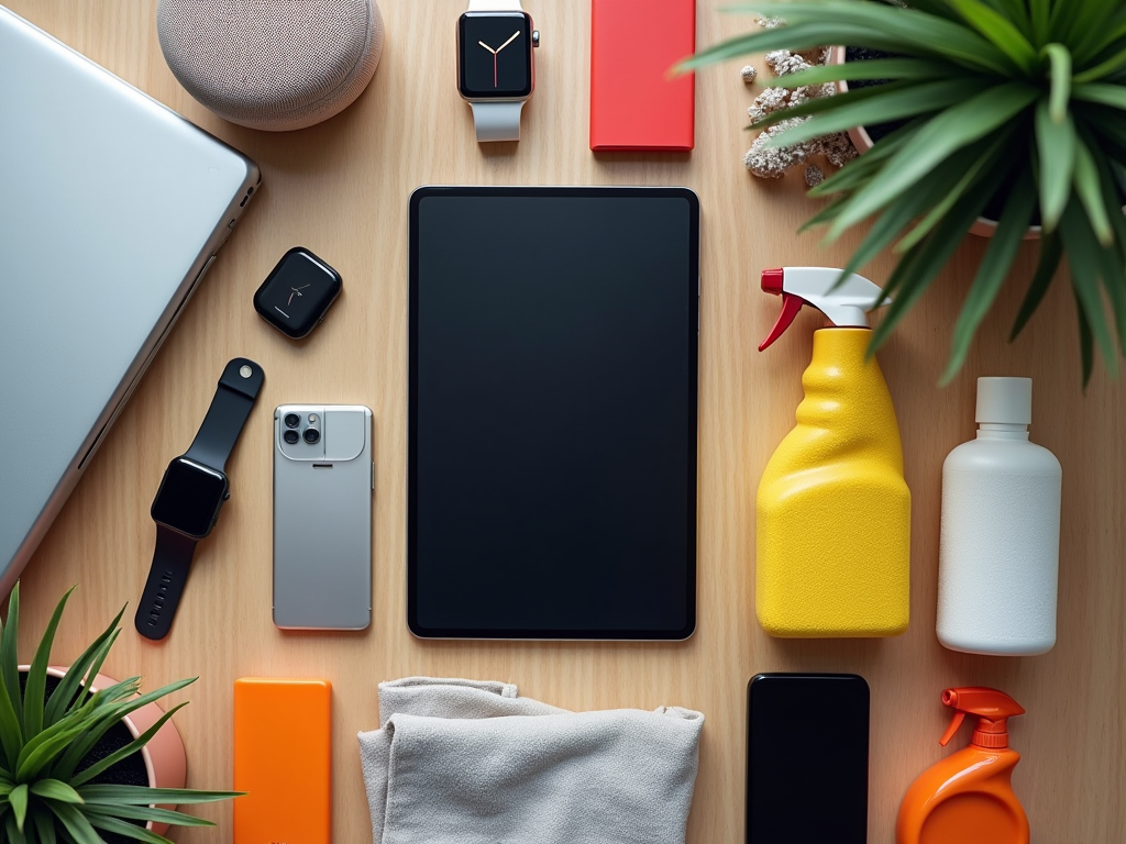 Flat lay of tech gadgets, cleaning products, and a plant on a wooden table.